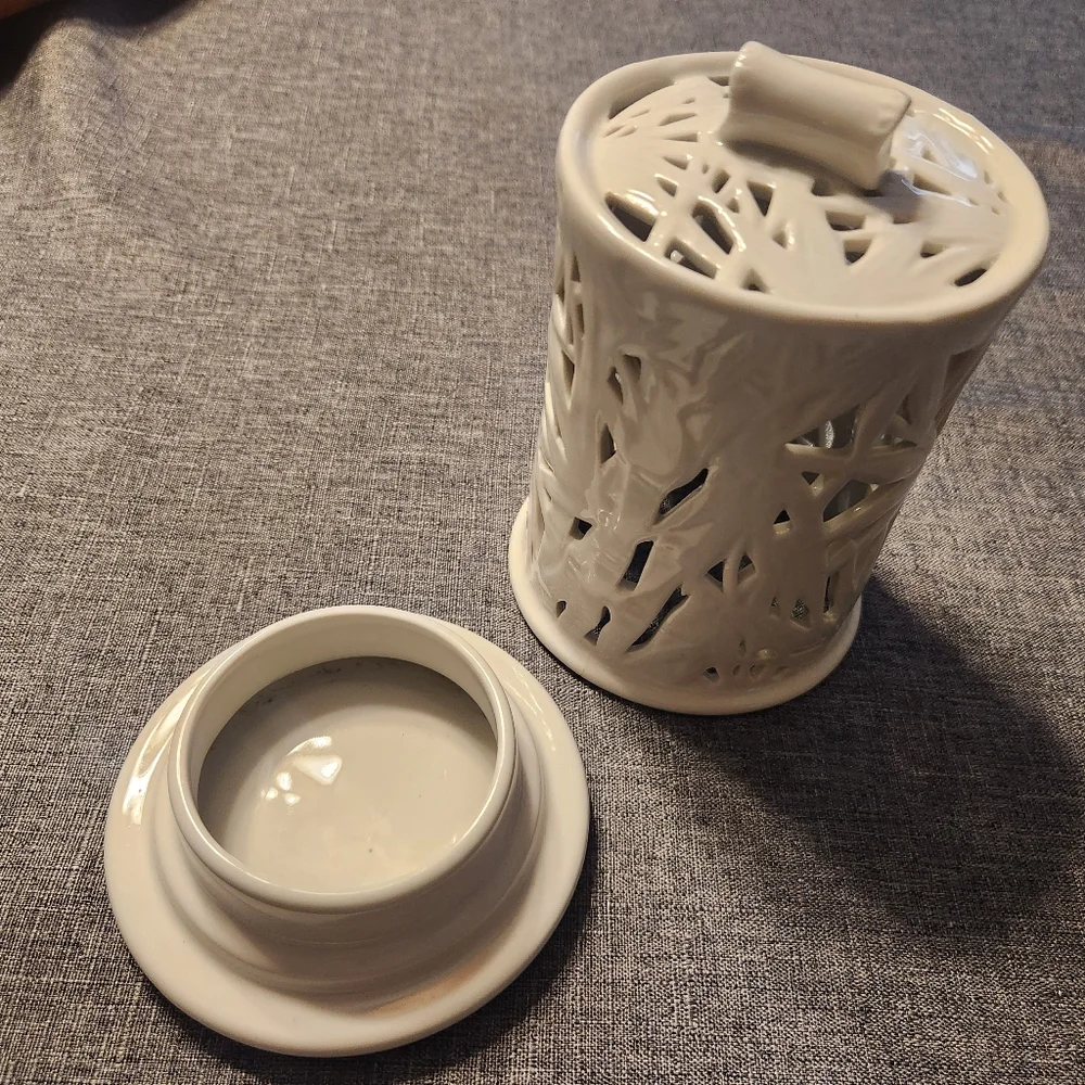 Andrea By Sadek White Porcelain Reticulated Two Piece Candle Holder / Fairy Lamp